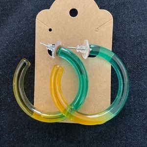 Rainbow, acrylic resin, colorful green, and yellow hoop earrings.